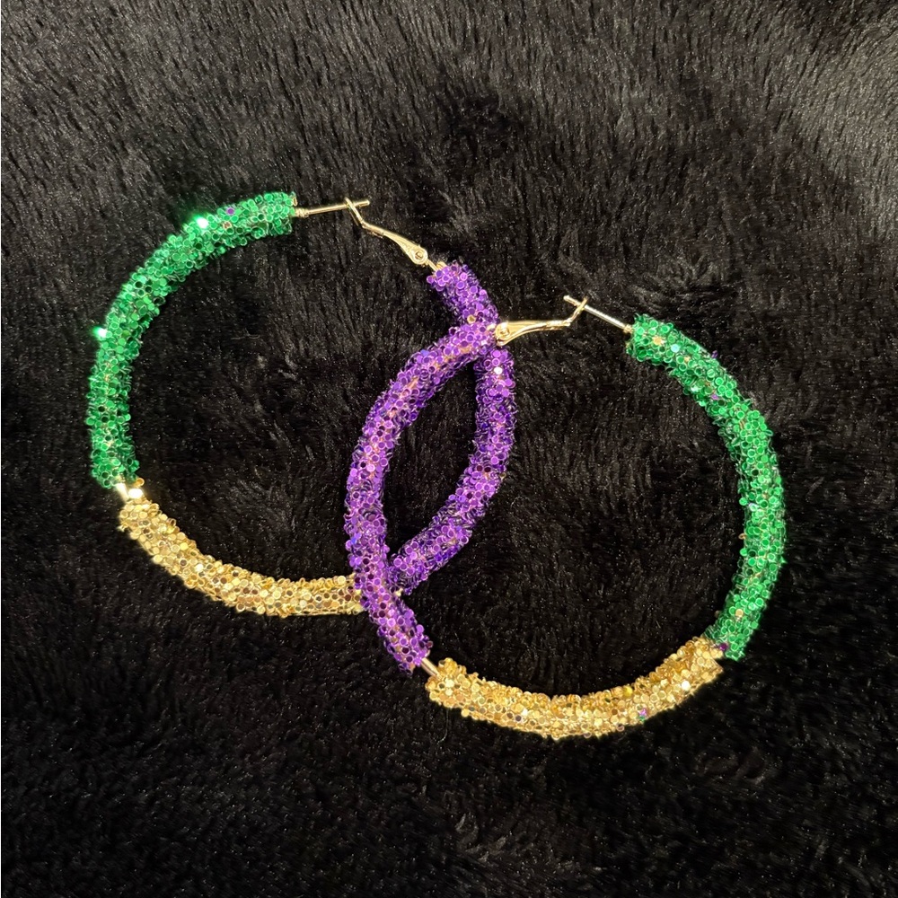Mardi Gras/ Carnival Elegant Green, Purple, and Gold Hoop Earrings